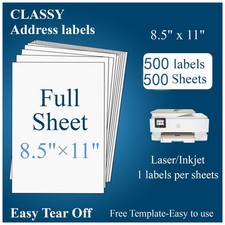  500 Sheets, 500 Labels Sticker Paper, 8.5" x 11" Full Sheet Shipping Addres...