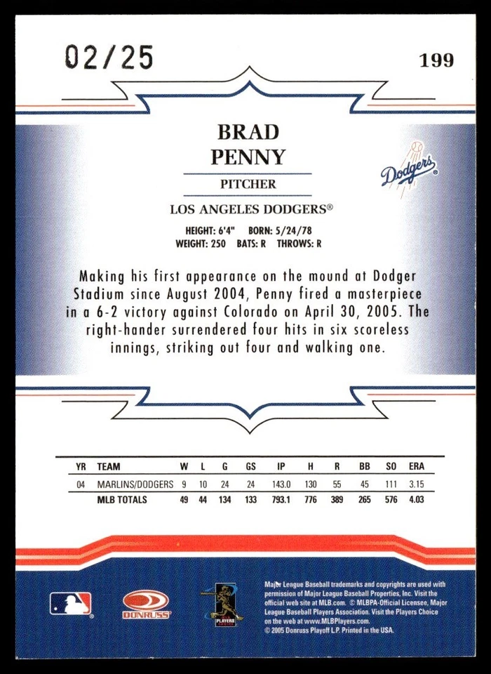Donruss Throwback Threads Signature Marks Brad Penny 2005 automático 25/02 Los Ángeles Foto 2 de 2