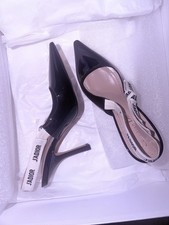 Dior Black Patent Leather Pointed Toe Ankle Strap Logo Pumps EU 38 US 8