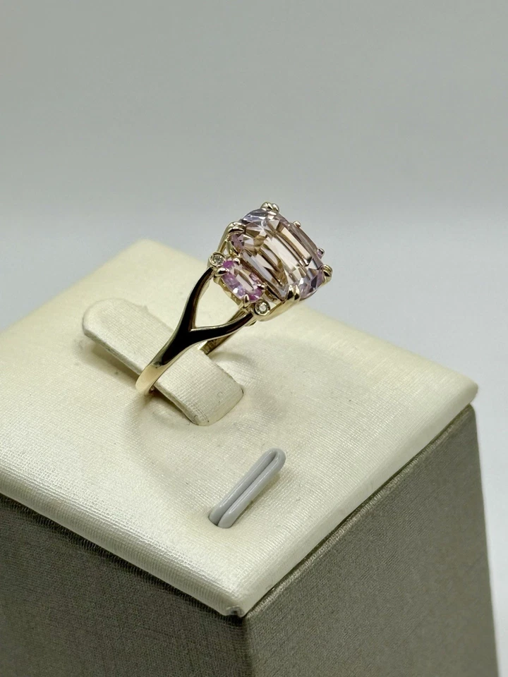 Новое без ценников помолвочное кольцо из золота 14 карат с кунцитом и розовым сапфиром/подлинными бриллиантами 5,19 карата 7 - Изображение 3 из 4