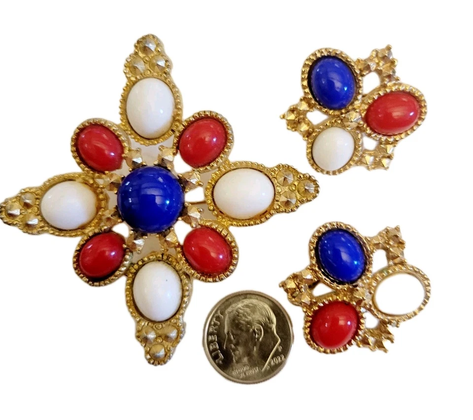 Conjunto Broche Americana Patriarca Sarah Coventry 2 1/2" Pendientes 1" Rojo Blanco Azul Foto 2 de 4