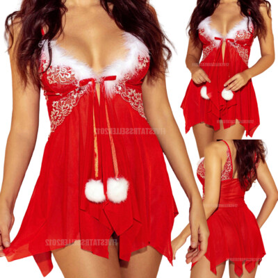 Women's Valentine Costume Red Babydoll Dress Santa Claus Cosplay Xmas Chemise US