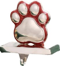 Pet Paw Print Christmas Stocking Holder Silver/Red Glitter Metal Hanger Dog Cat