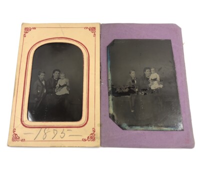 Antique 1875 Tin Type Photo Of Mother & Two Kids Posing & Retake Tin 1617-N