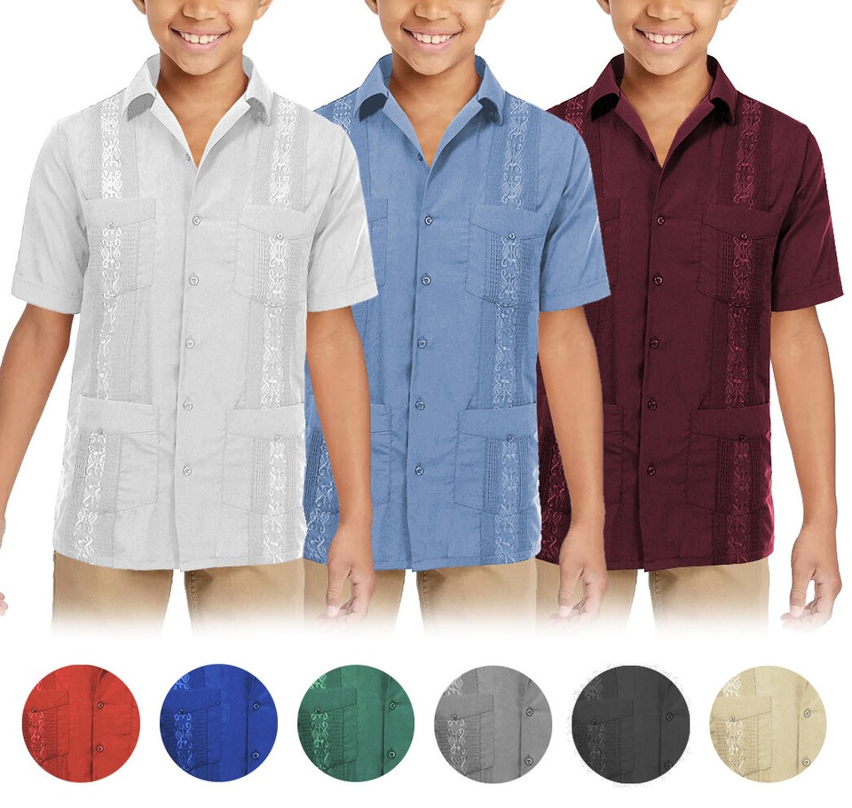 Boy's Embroidered Short Sleeve Wedding Baptism Kids Button-Up Guayabera Shirt