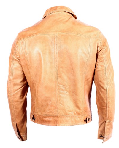 'TRUCKER' Denim New Men's WAXED Tan Napa Soft Real Western Leather Rock Jacket - Picture 8 of 12