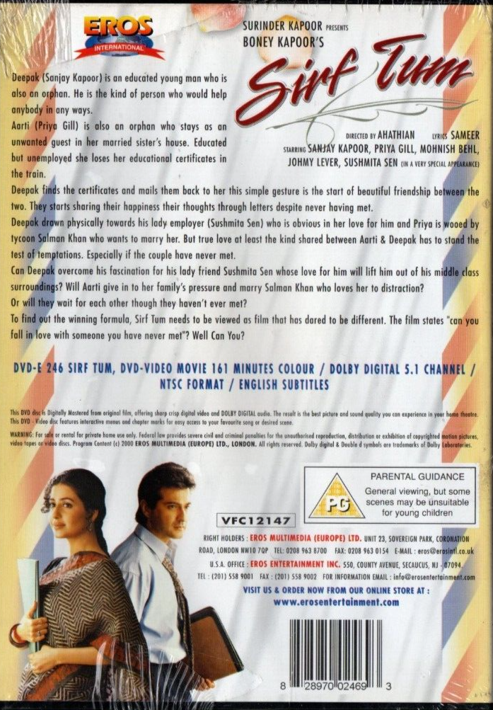 SIRF TUM EROS BOLLYWOOD DVD Sanjay Kapoor, Priya Gill