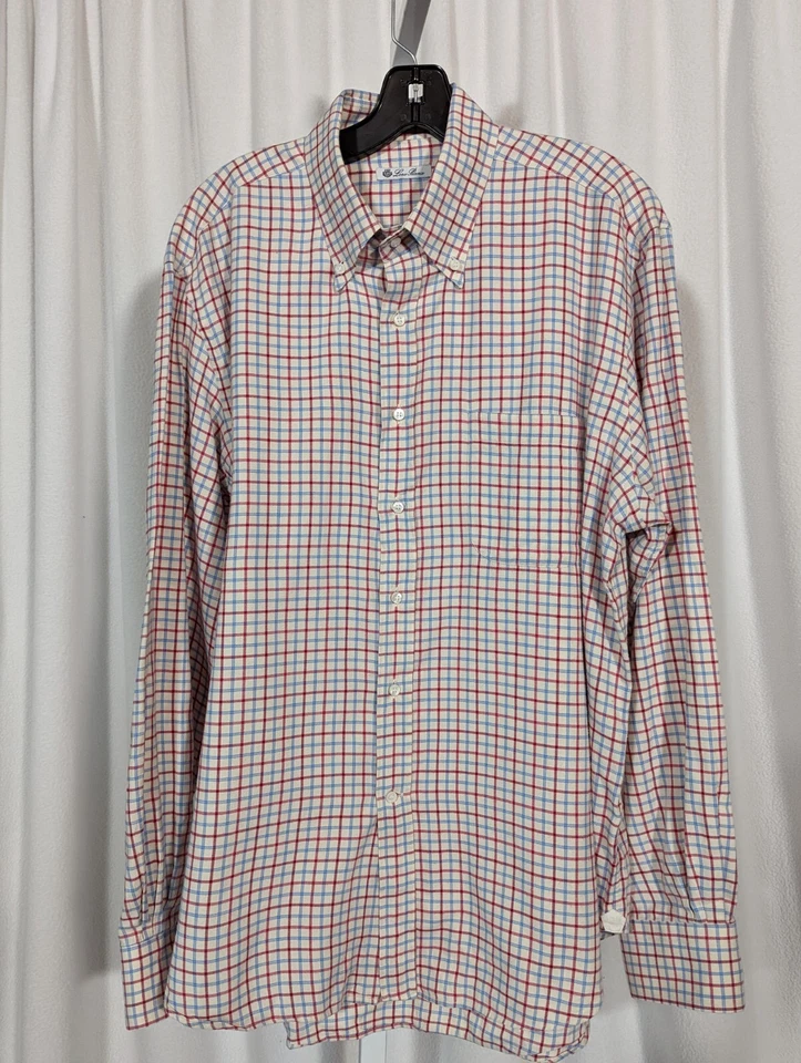 Loro Piana Red Blue Cream Flannel Plaid Windowpane Shirt 18 | 45 Italy - Image 2 of 4