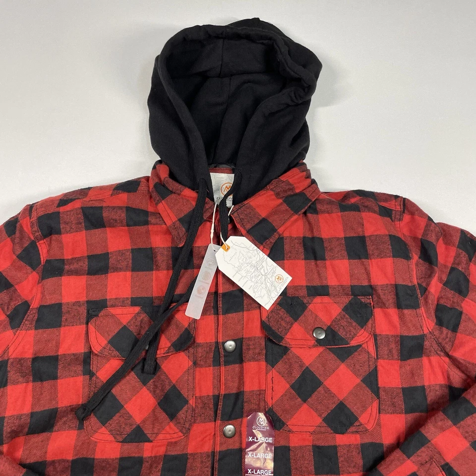 Cloudveil Shacket Hombre’s XL Rojo Negro Forrado a Cuadros Bolsillos con Cremallera a Presión Con Capucha NUEVO Foto 2 de 4