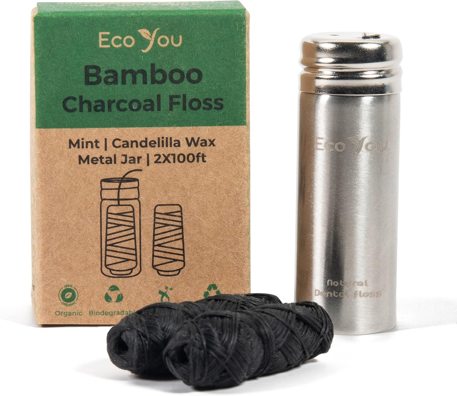 Eco Floss | 2 Charcoal Dental Floss Refills + Dental Floss Holder | Mint & Cande