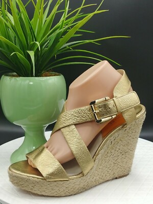 Michael Kors Giovanna Espadrilles Wedge Metallic Leather Gold Sandals US Sz  10M