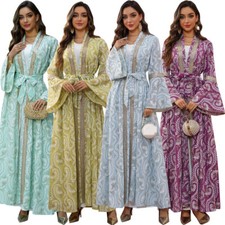 2pcs Muslim Women Open Abaya Cardigan Long Maxi Dress Sets Islamic Turkey Kimono