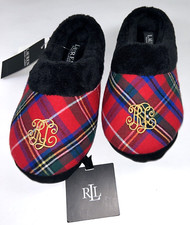 NEW RALPH LAUREN Size S Women's Slippers Shoes Red Plaid Jersey Logo SCUFF 55