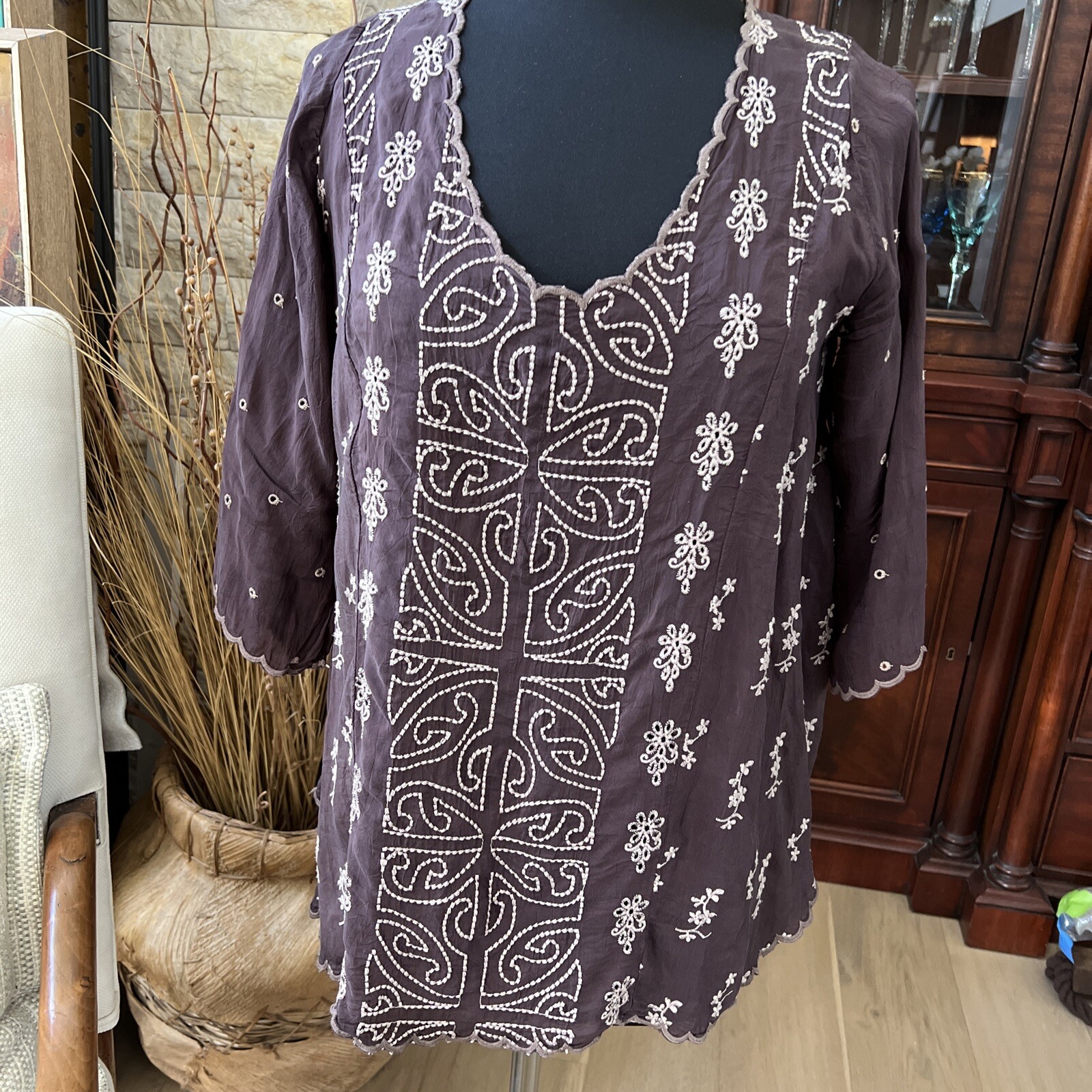 Johnny Was Embroidered Tunic with 3/4 Sleeves XS Gem