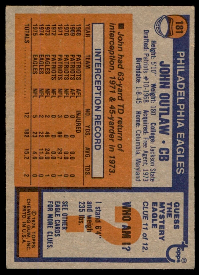 1976 TOPPS. JOHN OUTLAW . PHILADELPHIA EAGLES #181 - Image 2 of 2