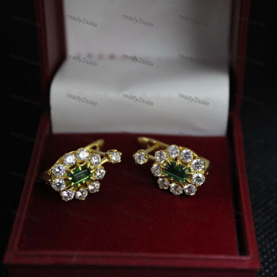 Brincos com clipe de diamante esmeralda simulado de 2 quilates folheados a ouro amarelo prata - Imagem 2 de 4