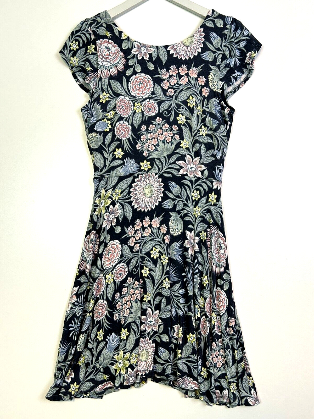 Loft ann taylor short sleeve floral fit flare dress grey mint pink