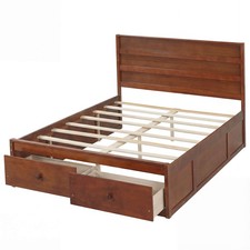 Full Size Bed Frame w/Storage Drawers, Headboard, Wooden Slat Support, Walnut