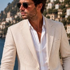 J Crew Suit Jacket Mens 42R Tan Ludlow Seersucker Striped Cotton Blazer CR094
