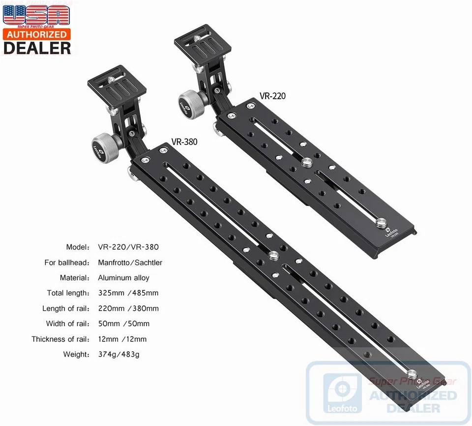 Soporte de lente largo Leofoto VR-380 380 mm para cabezal de trípode Manfrotto/Sachtler Foto 3 de 4