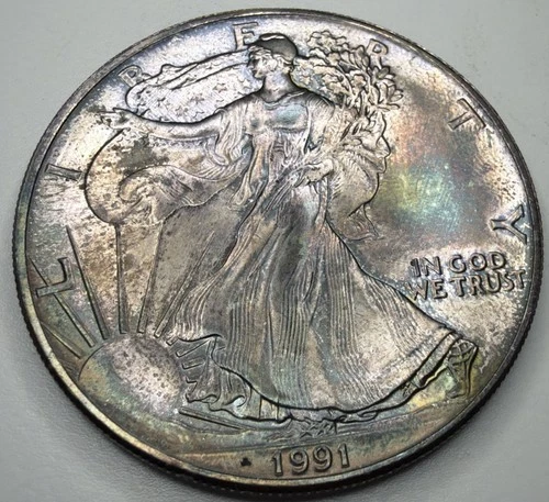 1991 American Silver Eagle 1 Troy Oz .999 Fine Silver Beautiful Toned T8