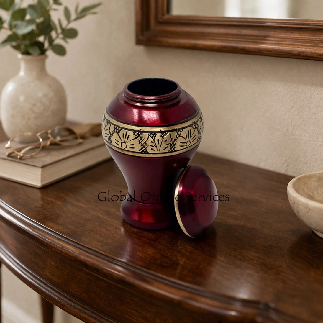 Red Classic Leaf Ribbon Small Keepsake Urn/container for Funeral Ashes