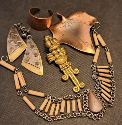 Vintage BOHO Costume Jewelry Lot Copper Brass Silver Wood Earrings Bracelet +