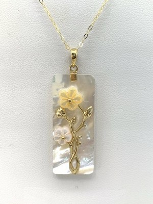14k Solid Yellow Gold Natural Pearl Flowers Bar Pendant Necklace