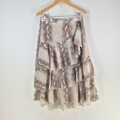 Zjoosh skirt womens size M flare midi brown snakeskin print stretch tiered126476