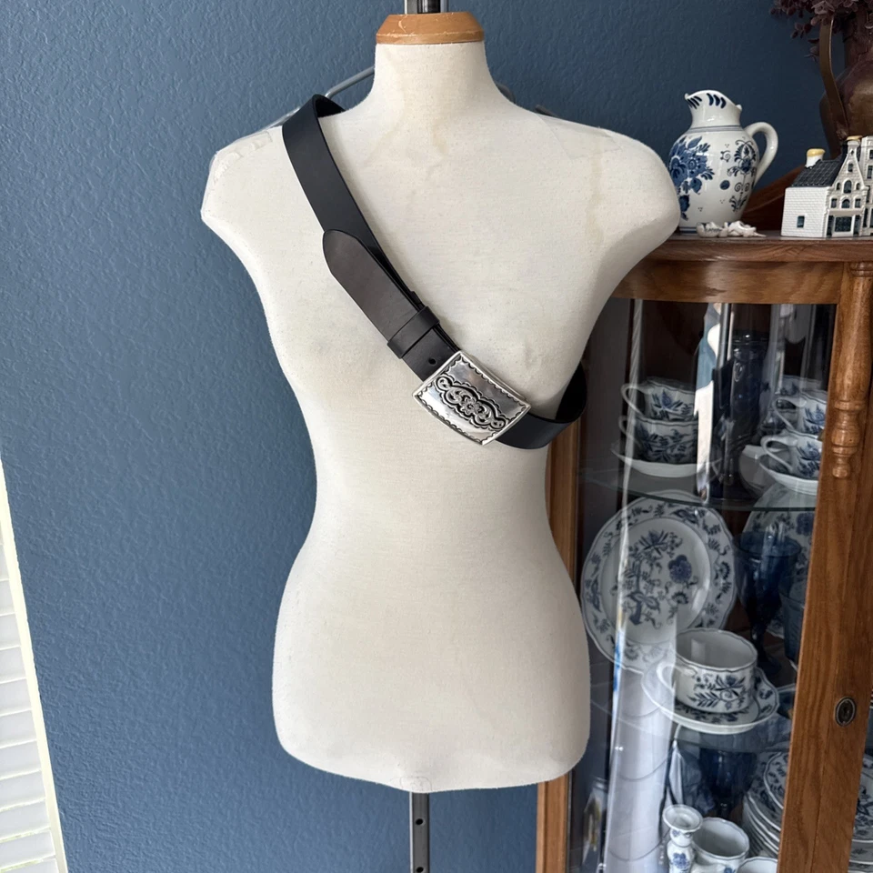 Silpada Designs Belt Sz XL Genuine Italian Leather Black Silver Tone - Image 2 of 4