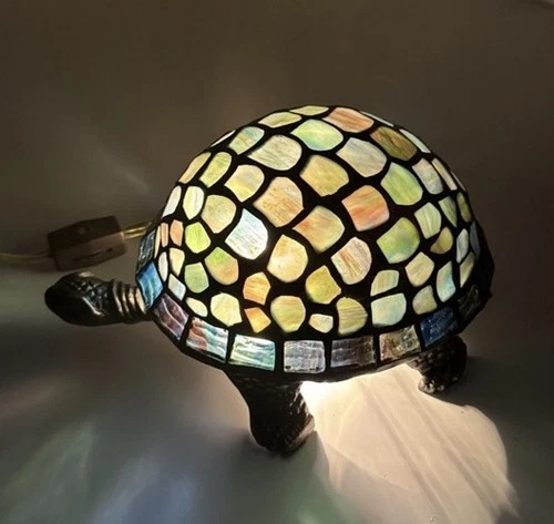 Vintage Stained Glass Tiffany Style Turtle Accent Table Lamp Night Light Decor