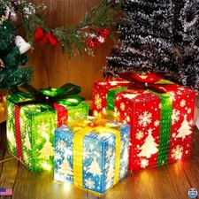 Set of 3 Illuminated Christmas Gift Boxes - 60 LED Snowflake Decorated Presents