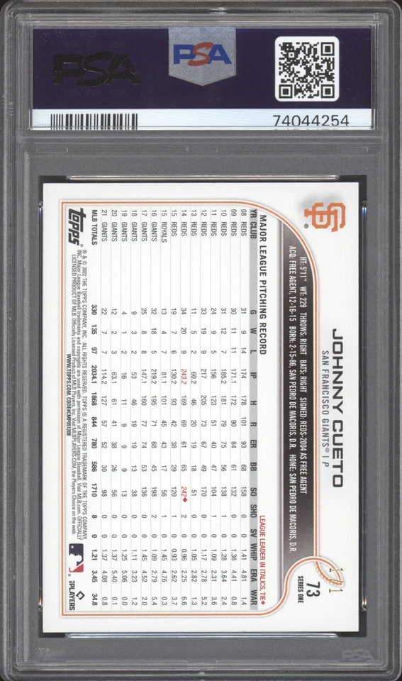 2022 Topps 1st Edition #73 JOHNNY CUETO PLATINUM 1 of 1 PSA 9 - Image 2 of 2