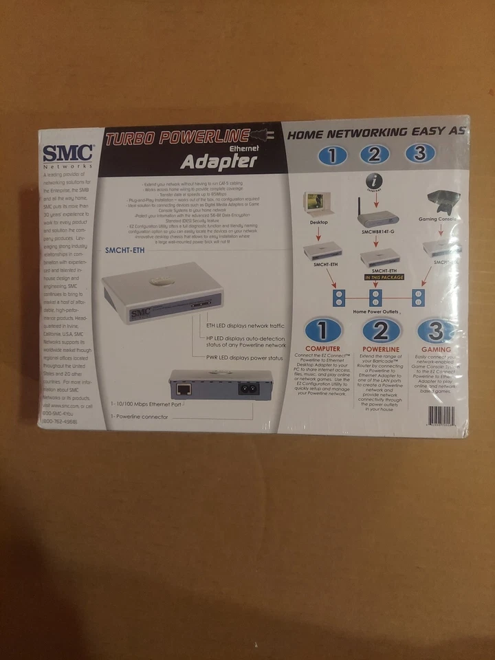 SMC Networks Turbo Powerline EZ Connect Ethernet Adapter SMCHT-ETH to 85 MBPS  - Image 2 of 3