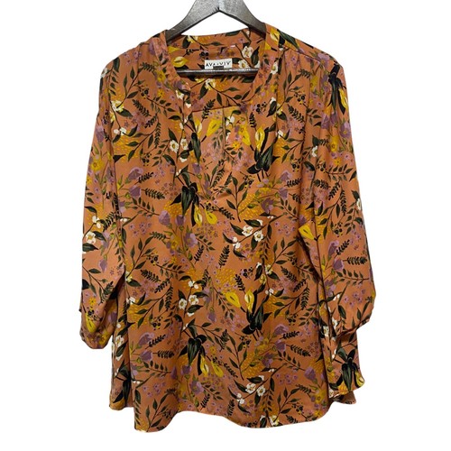 Ava Viv Blouse Womens 3X Orange Floral Fall Autumn 3/4 Sleeve Lightweight Top