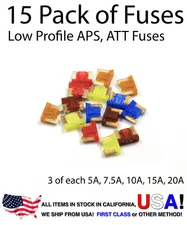 Automotive Low Profile APS ATT Fuses Assorted 15 pcs 5A 7.5A 10A 15A 20A Pack