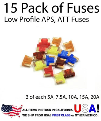 Automotive Low Profile APS ATT Fuses Assorted 15 pcs 5A 7.5A 10A 15A 20A Pack