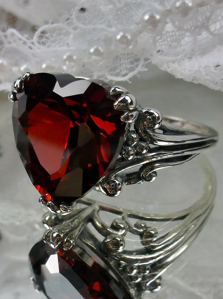 Garnet 10ct CZ Sterling Silver Heart Leaf Filigree Ring Made To Order D#213 - Image 4 of 4