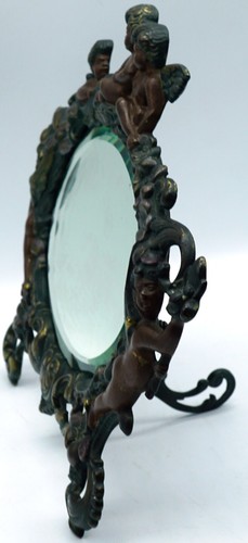 Jugendstil ovaler Eisen abgeschrägter Spiegelrahmen Staffelei Boden mit Engeln und Amoren - Bild 11 von 14