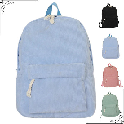 Student Backpack Bag Women Blue Daily Plain Handbag Stylish Corduroy Rucksack