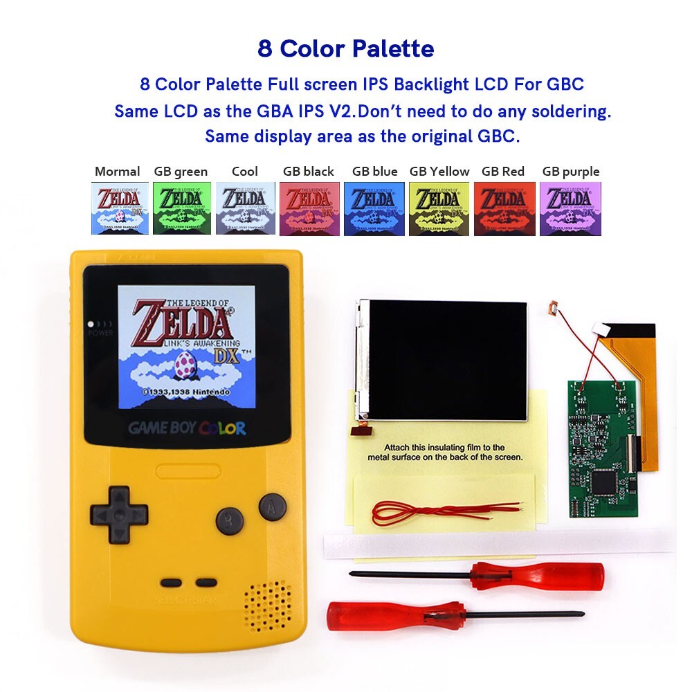 Gameboy Color Game Display Gameboy Lcd Color Kit Full-Size 8-Color Backlight LCD Kit For Game Boy ...