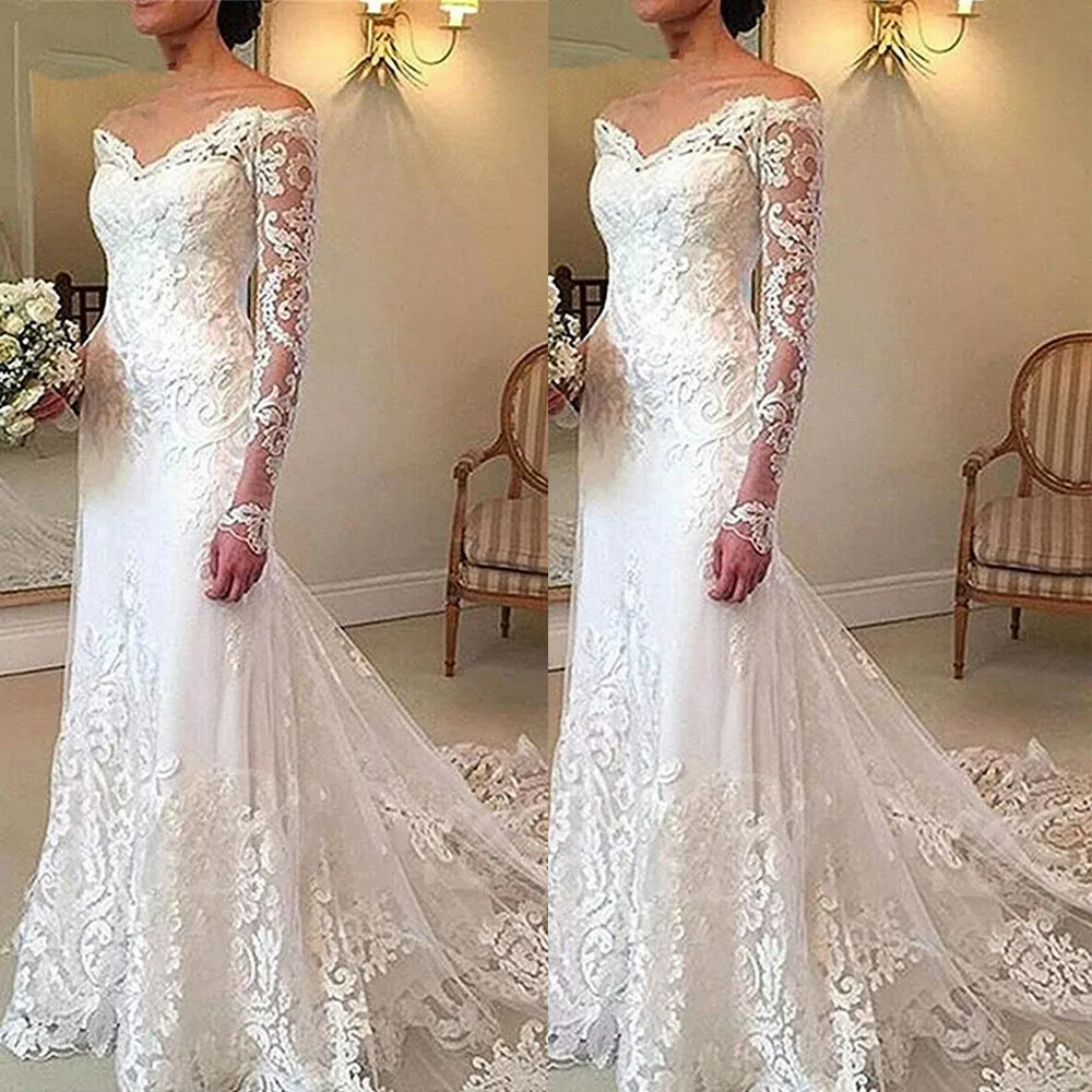 V-Neck Lace Appliques Wedding Dresses Long Sleeve Mermaid Tulle Bridal Gowns