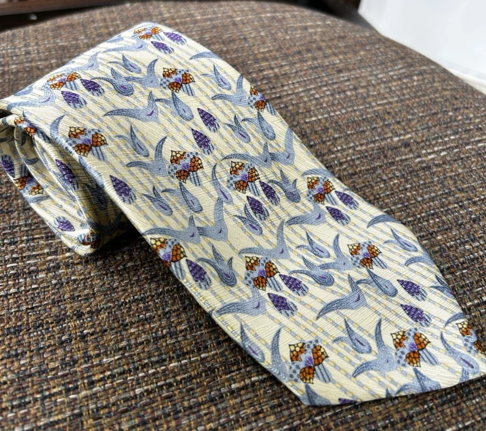 Corbata Brioni vintage de lujo 100 % seda dorada amarillo azul rara Italia Foto 2 de 4