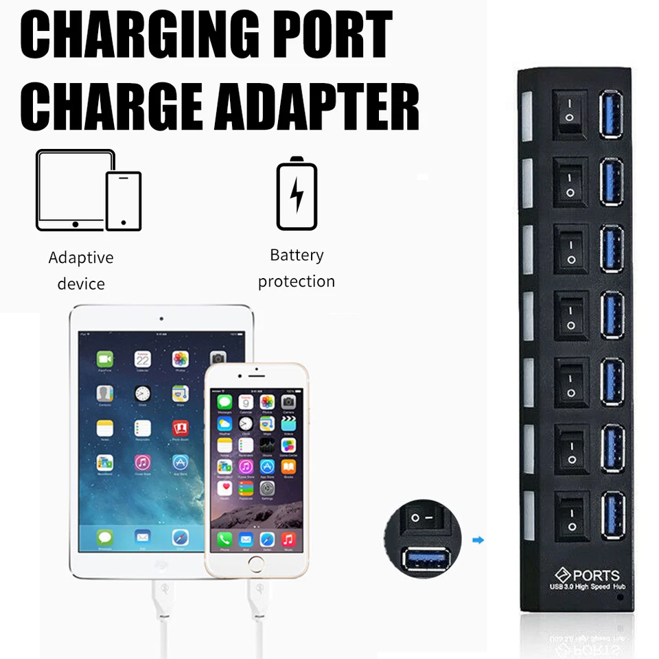 USB 3.0 Hub 7 Port On/Off Switch High Speed Splitter AC Adapter Cable PC Laptop - Image 4 of 4