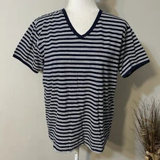 Premier International For Ladies Navy Blue Striped V-Neck T-shirt Top Size L
