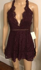 TOBI Brielle Lace Skater Dress Sz S NWT Burgundy Wine Mini Plunge Eyelash Neck