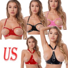 Women's PU Leather Cupless Cage Bras Adjustable Strap Hollow Out Crop Top