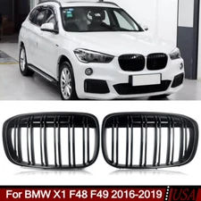 For BMW X1 F48 F49 2016-2019 Dual Slats Front Bumper Kidney Grille Gloss Black