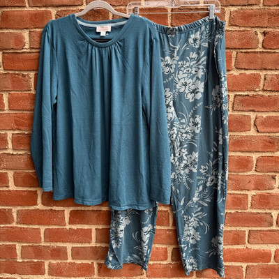 Stan Herman  Long Sleeve Top & Floral Pant 2Pc Pajama Set teal Blue petite 1X NE