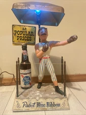 Vtg Pabst Blue Ribbon Beer Bar Display Metal Boxer in Ring Lighted Lamp Sign PBR